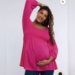 Motherhood Smocked Square Long Sleeve Babydoll Maternity Top  Pink Gold Size XL
